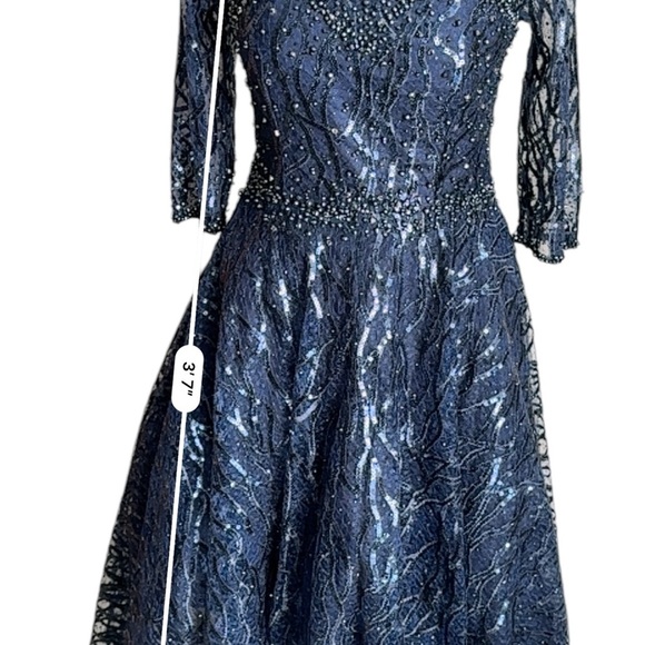 MAC DUGGAL HIGH NECK ABOVE ELBOW SLEEVE EMBELLISHED ALINE NAVY MIDI DRESS 4 - Picture 10 of 14